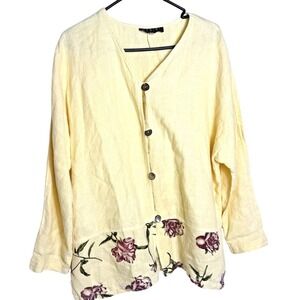 Fenini 100% Linen Button Front Top Women's‎ L Yellow Floral Hem Lagenlook USA